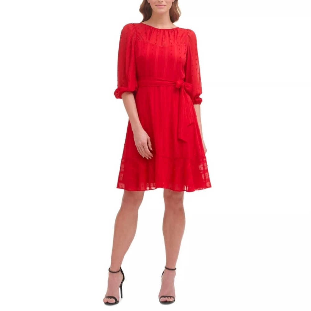 DKNY Red Tie Sash Hem Pouf 3/4 Sleeve Above The Knee Fit Flare Dress Size 8 NWT